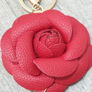 Camellia Flower Faux Leather Tassel Key Chain Keyring Handbag Charm Accessory